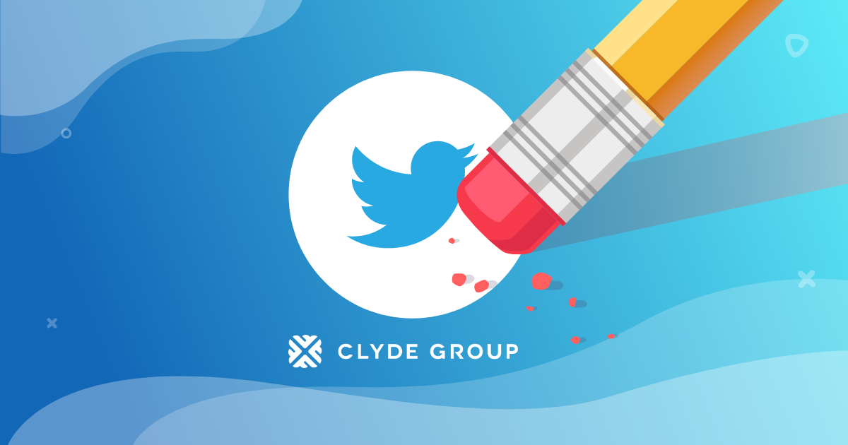 Pencil eraser over the Twitter logo, set on a blue background with Clyde Group's logo
